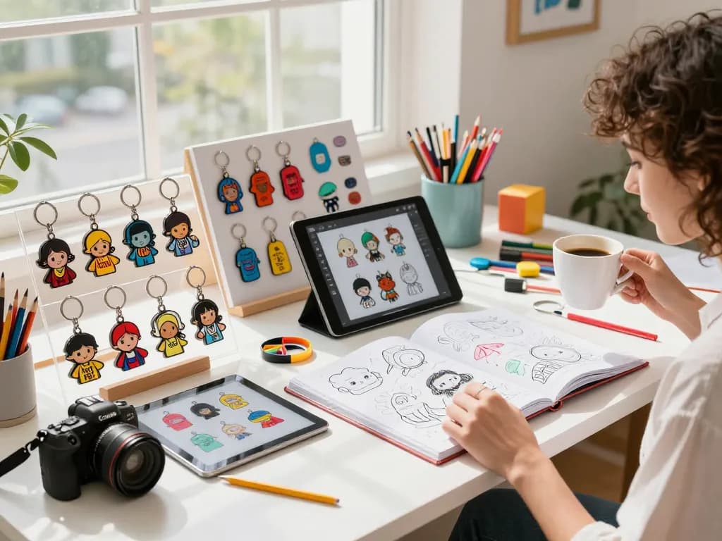 Showcase of personalized keychains with designs and customization options in a bright creative studio.