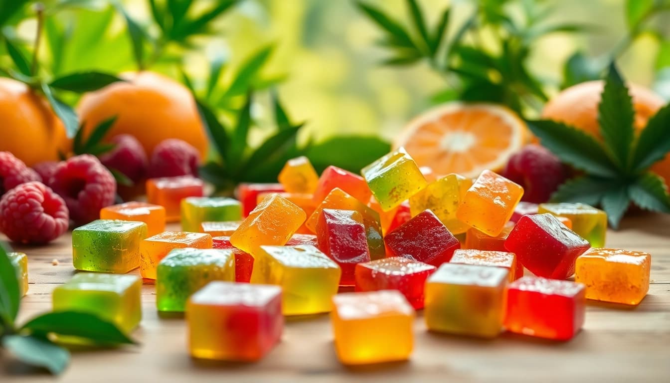 Tantalizing Weed Gummies displayed with fresh fruit, inviting relaxation and enjoyment.
