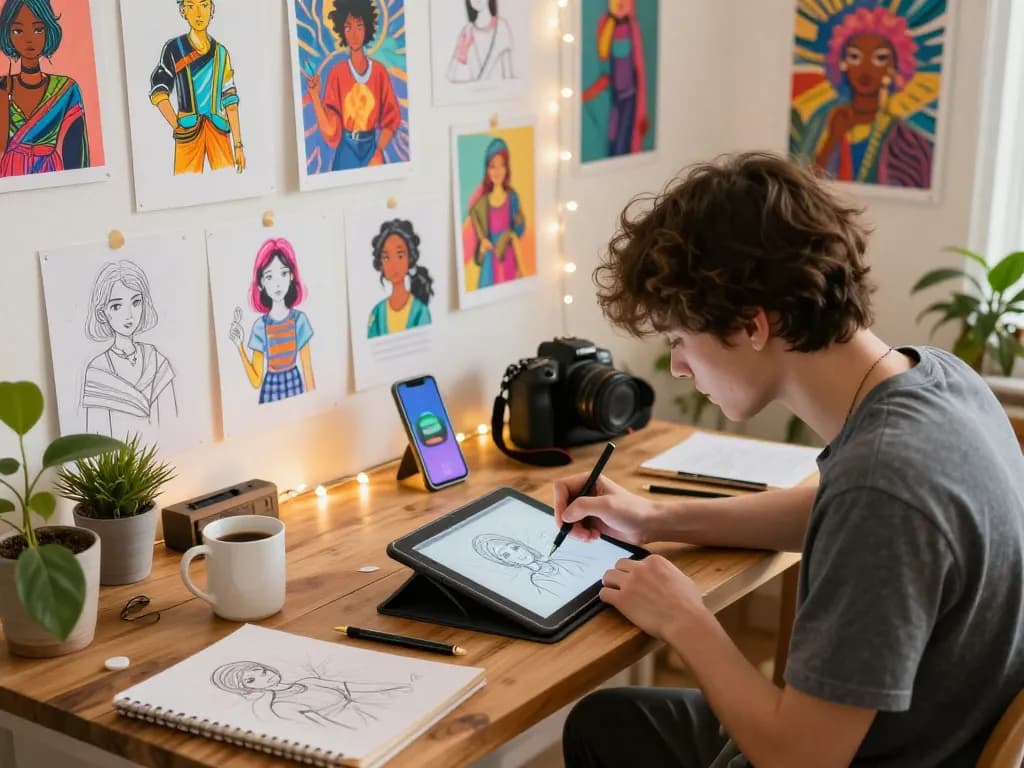 Engaging NSFW art creation scene with a young artist illustrating characters in a cozy home studio.