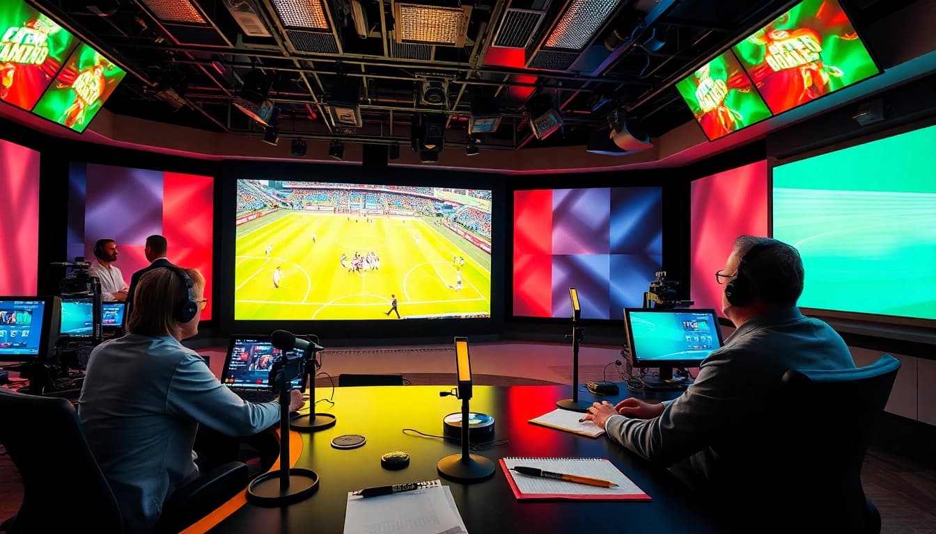 Engaging sports broadcasting studio with advanced technology and vibrant atmosphere.