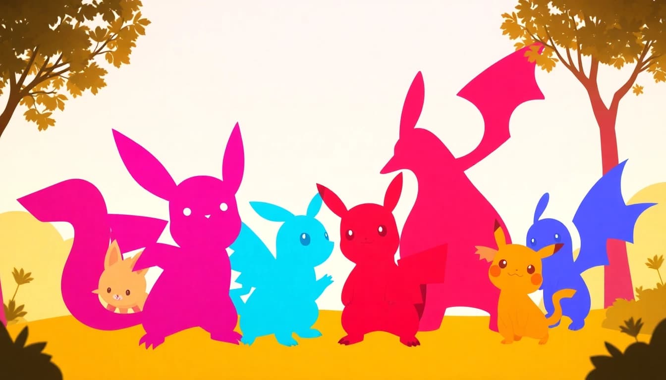Colorful Pokémon SVG designs showcased in a playful, cheerful setting.