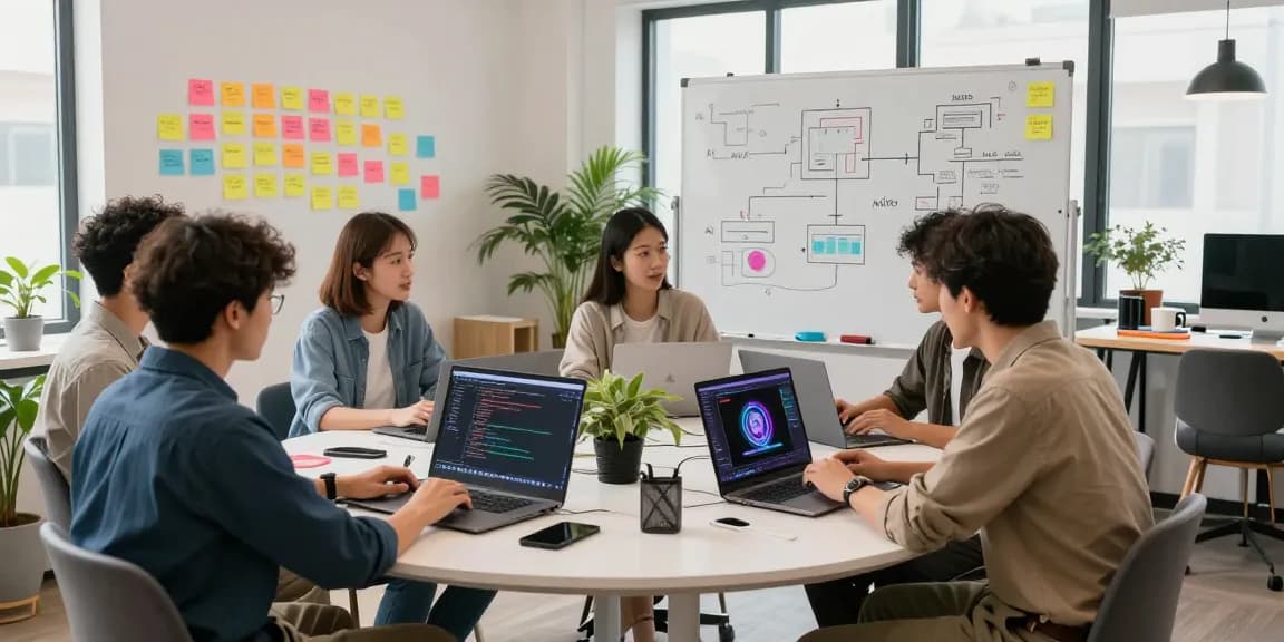 Dynamic NSFW AI platform development, showing a collaborative workspace with laptops, coding screens, and brainstorming ideas in a modern tech environment.