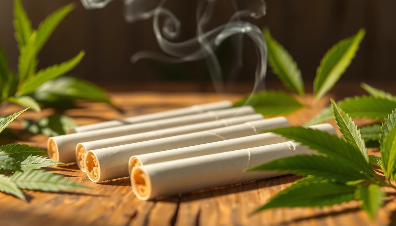 Showcase delta 8 prerolls beautifully arranged with natural elements and smoke.