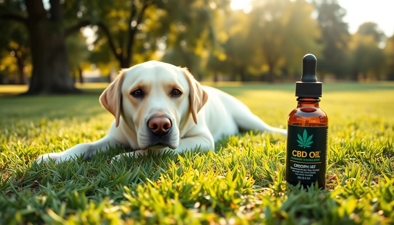 Provide relief with CBD Oil For Dog placed near a relaxed Labrador in a sunny park.