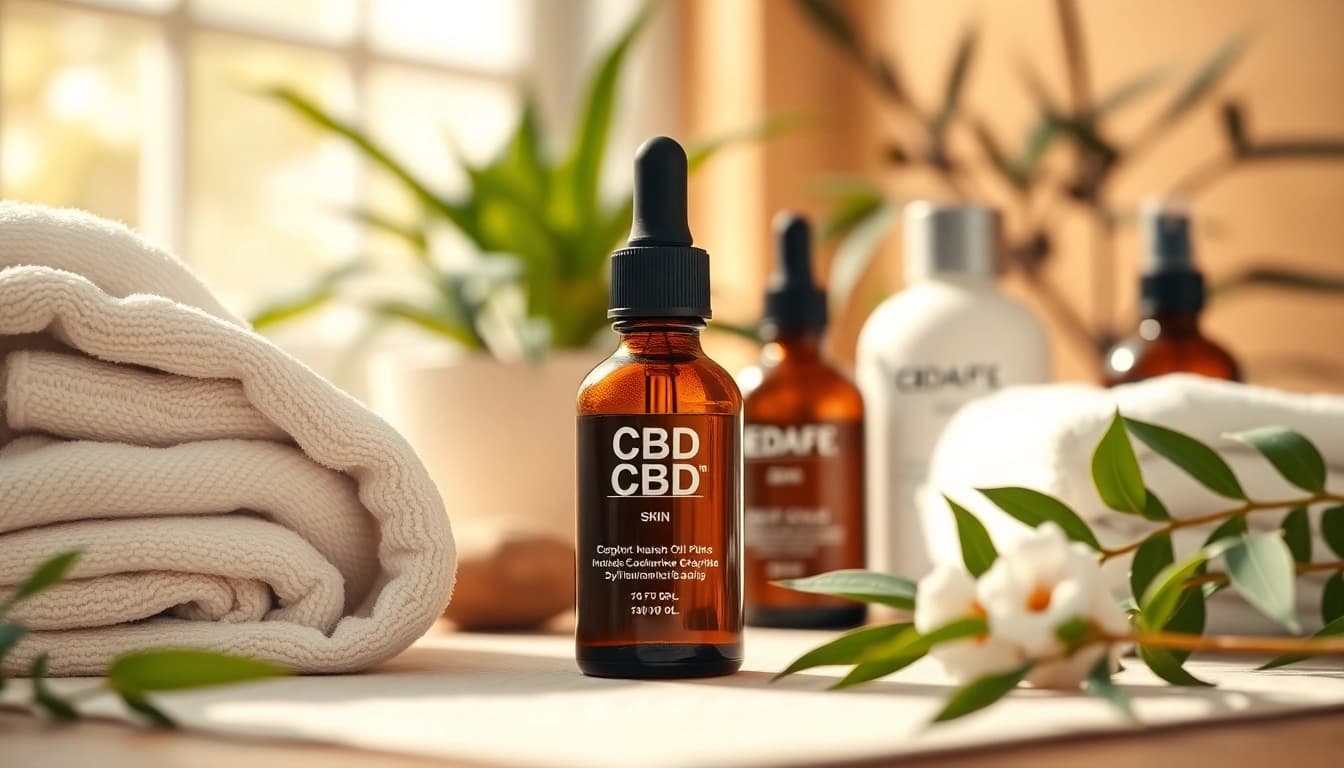 Apply CBD oil for skin alongside natural beauty products in a serene, sunlight-filled space.