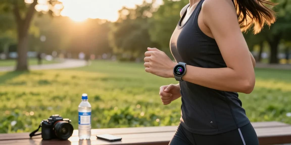 Memakai smartwatch Fitbit Luxe dari https://www.polarfitbitshop.com/fitbit-luxe/ saat jogging di taman, menunjukkan gaya hidup sehat.