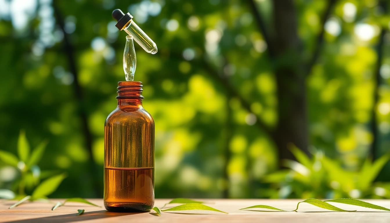 Showcase CBD Oil with a dropper in a natural setting, highlighting its calming essence.
