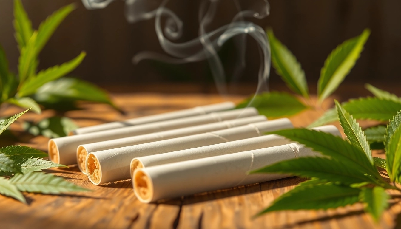 Showcase delta 8 prerolls beautifully arranged with natural elements and smoke.