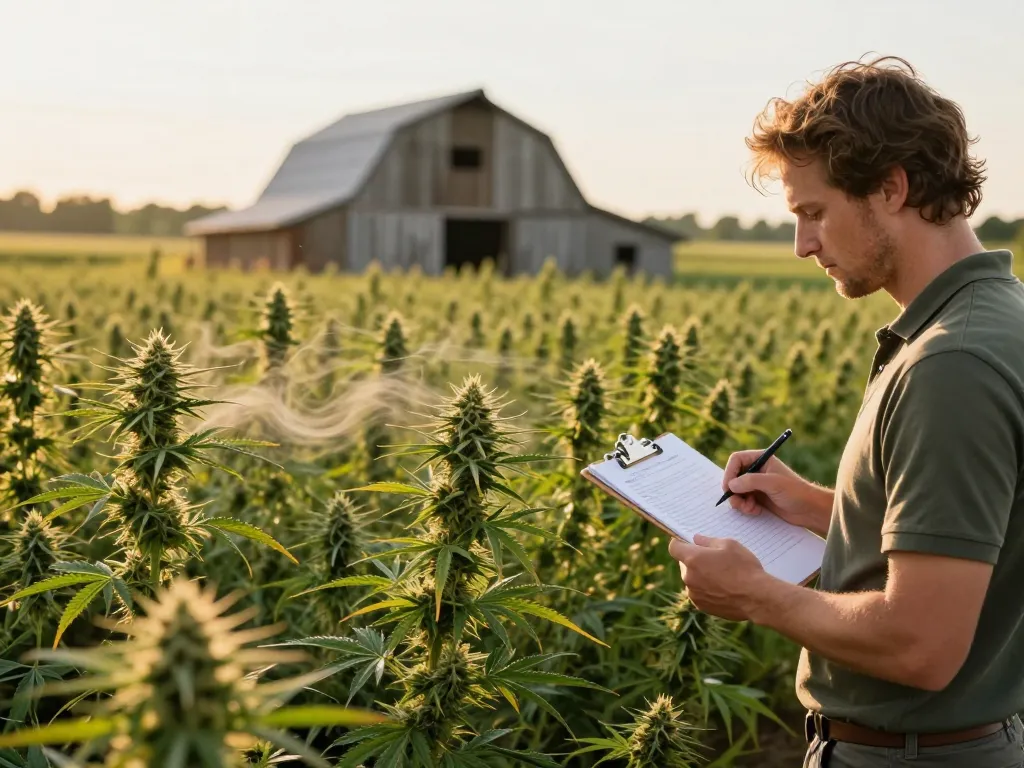 WeeDutch farmer inspecting premium cannabinoid plants in a scenic European hemp farm.
