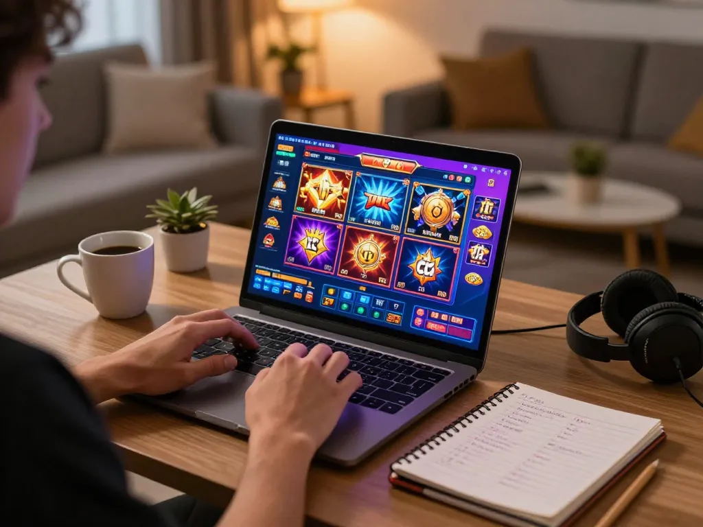 Engaging in a thrilling slot online experience with vibrant graphics on laptop screen and cozy home atmosphere.