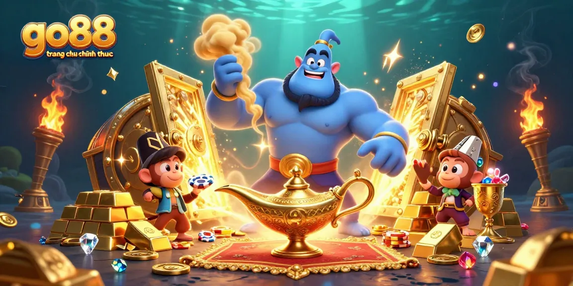 Experience go88 trang chu chinh thuc with a vibrant casino scene featuring animated characters and treasures.