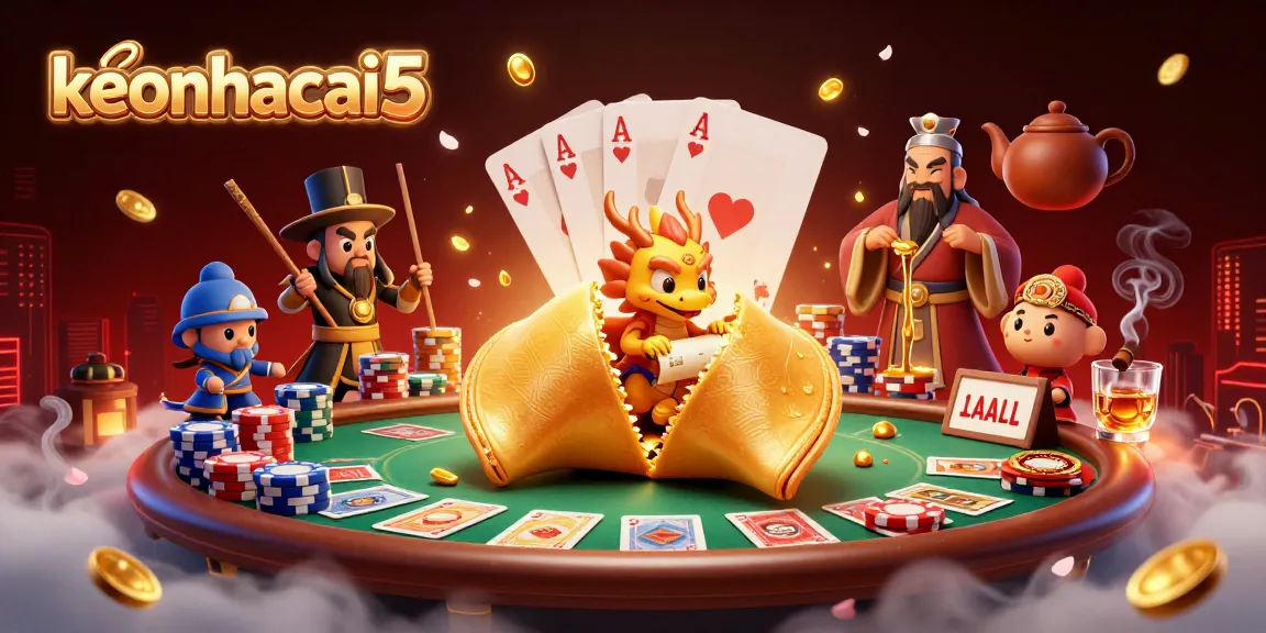 Engage with keonhacai5's lively casino scene showcasing poker elements and animated fortune cookie characters.