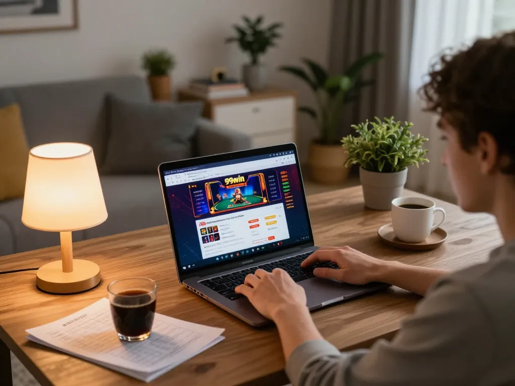 Engaging with 99win online casino exploration on a cozy home gaming setup.