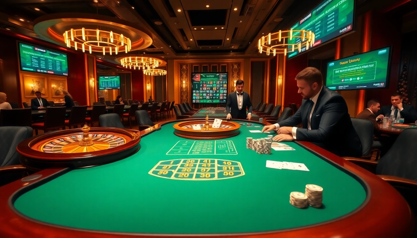 Players enjoy high-stakes games at a luxurious casino centered around jeetbuzz. with roulette and poker tables.
