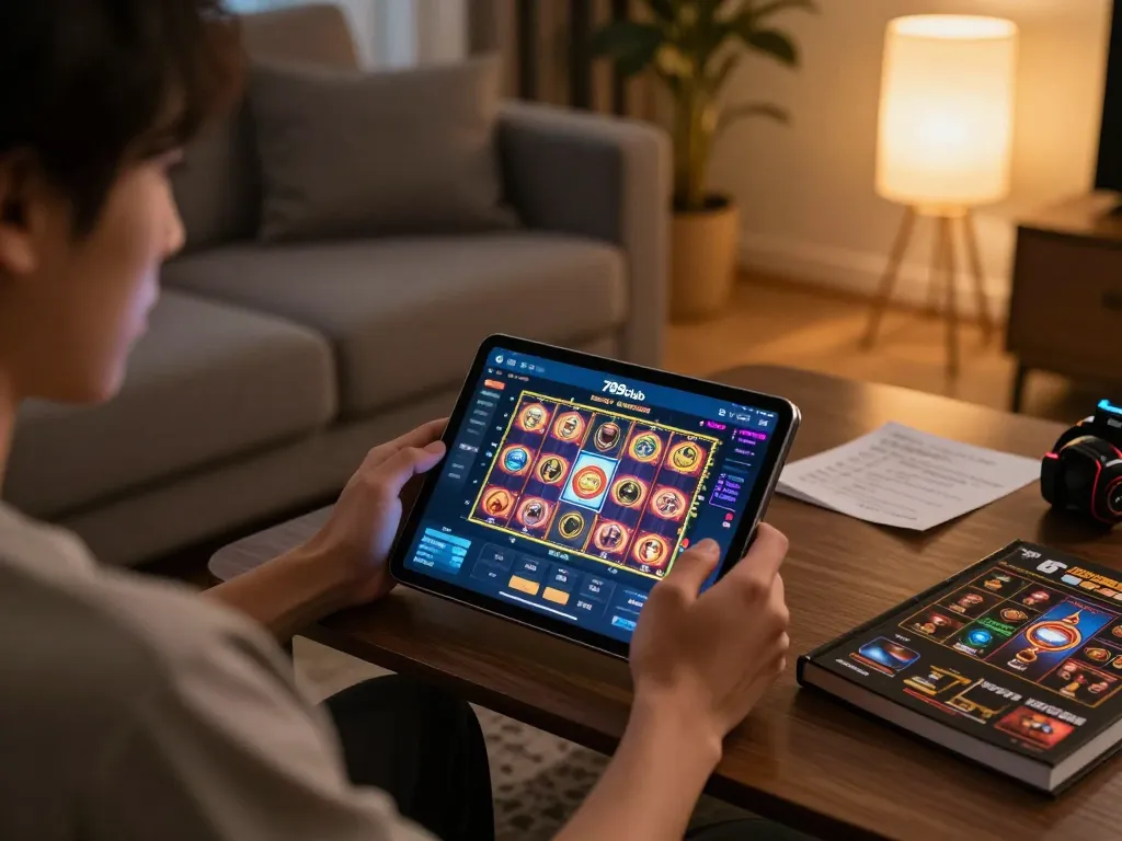 Engaging in online slot games on the 789club app in a cozy home setup.