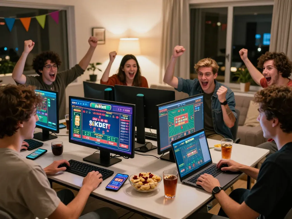 Friends enjoying an exciting online gaming session on 8kbet platform in a vibrant setting.