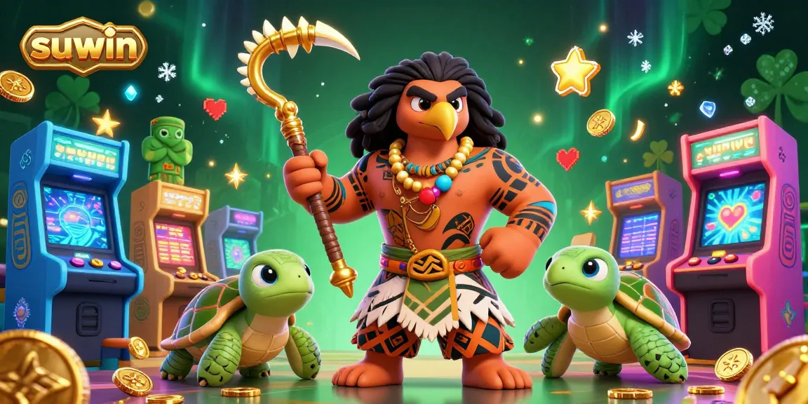Suwin engages players with vibrant 3D casino and arcade elements featuring a demigod hawk and turtle in a dynamic gaming scene.