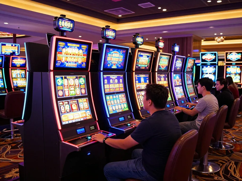 Players engaging at slot machines with a focus on exciting slot bet 100 moments in a lively casino environment.