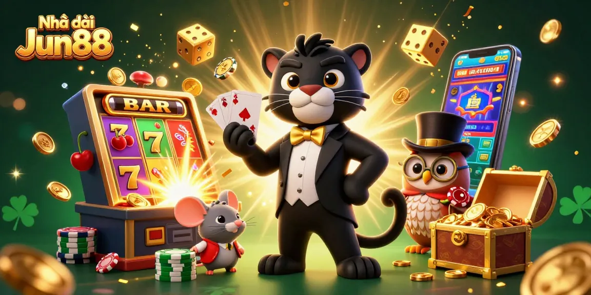 Engage with Nhà cái Jun88, a thrilling online casino experience with vibrant 3D animated characters and gaming elements.