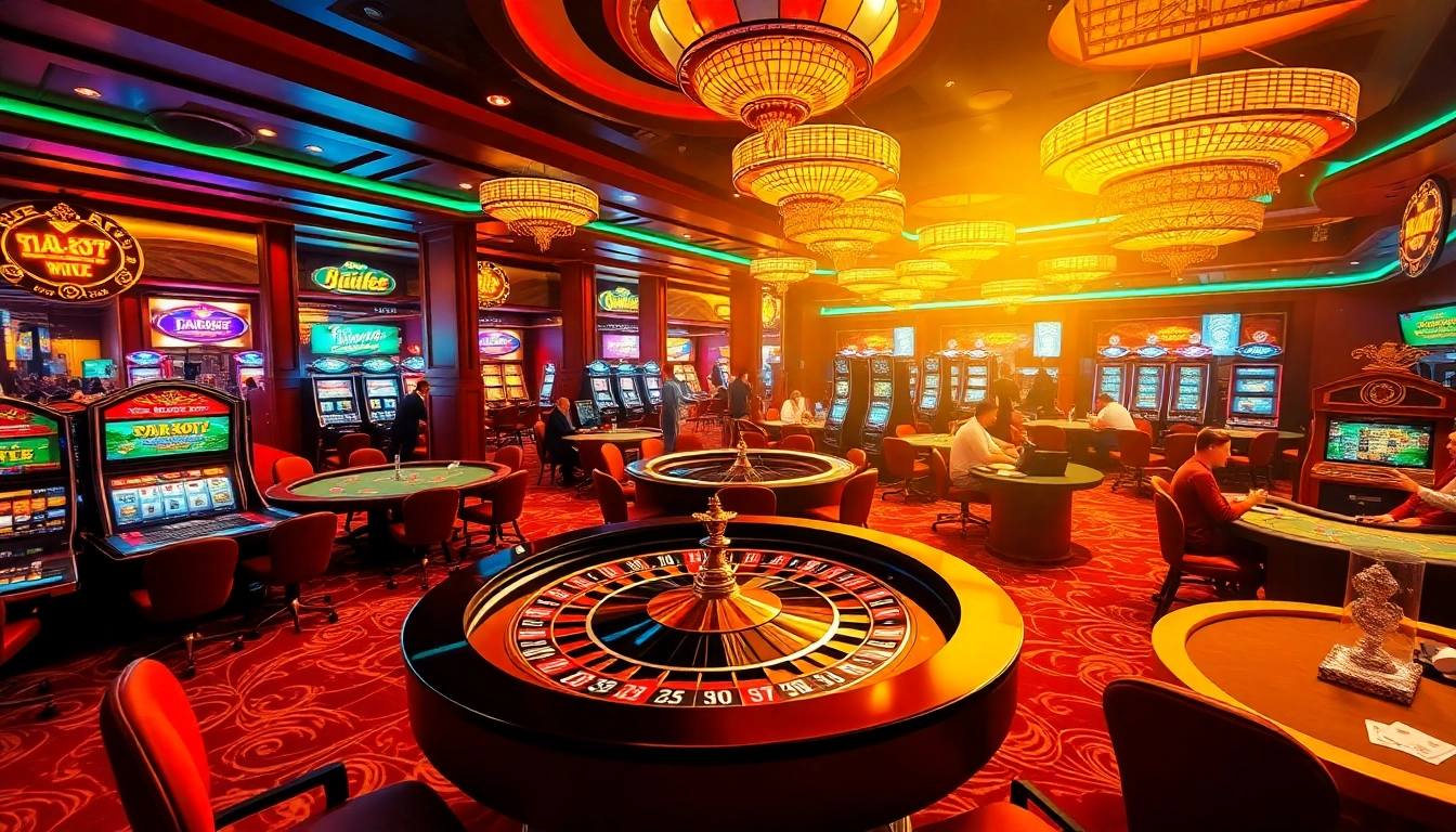 Experience the excitement of gambling at trang chủ rr88 with a luxurious casino scene featuring vibrant tables and high-stakes play.