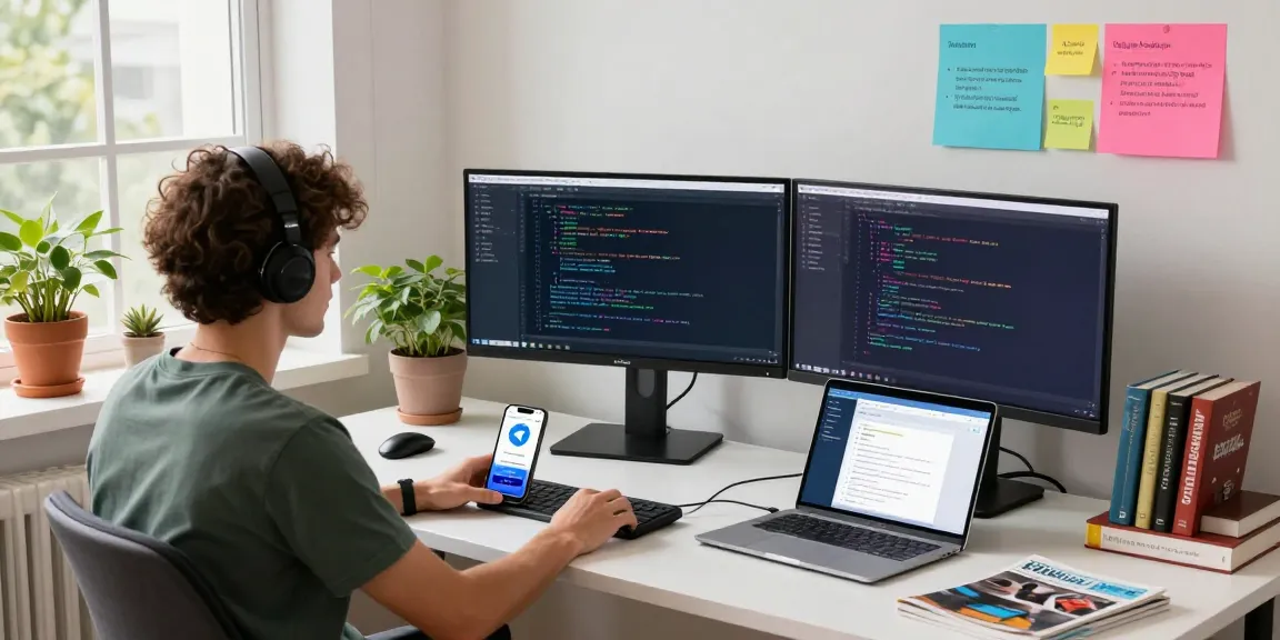 Experience the seamless Telegram Download in a modern workspace filled with code and tech tools.