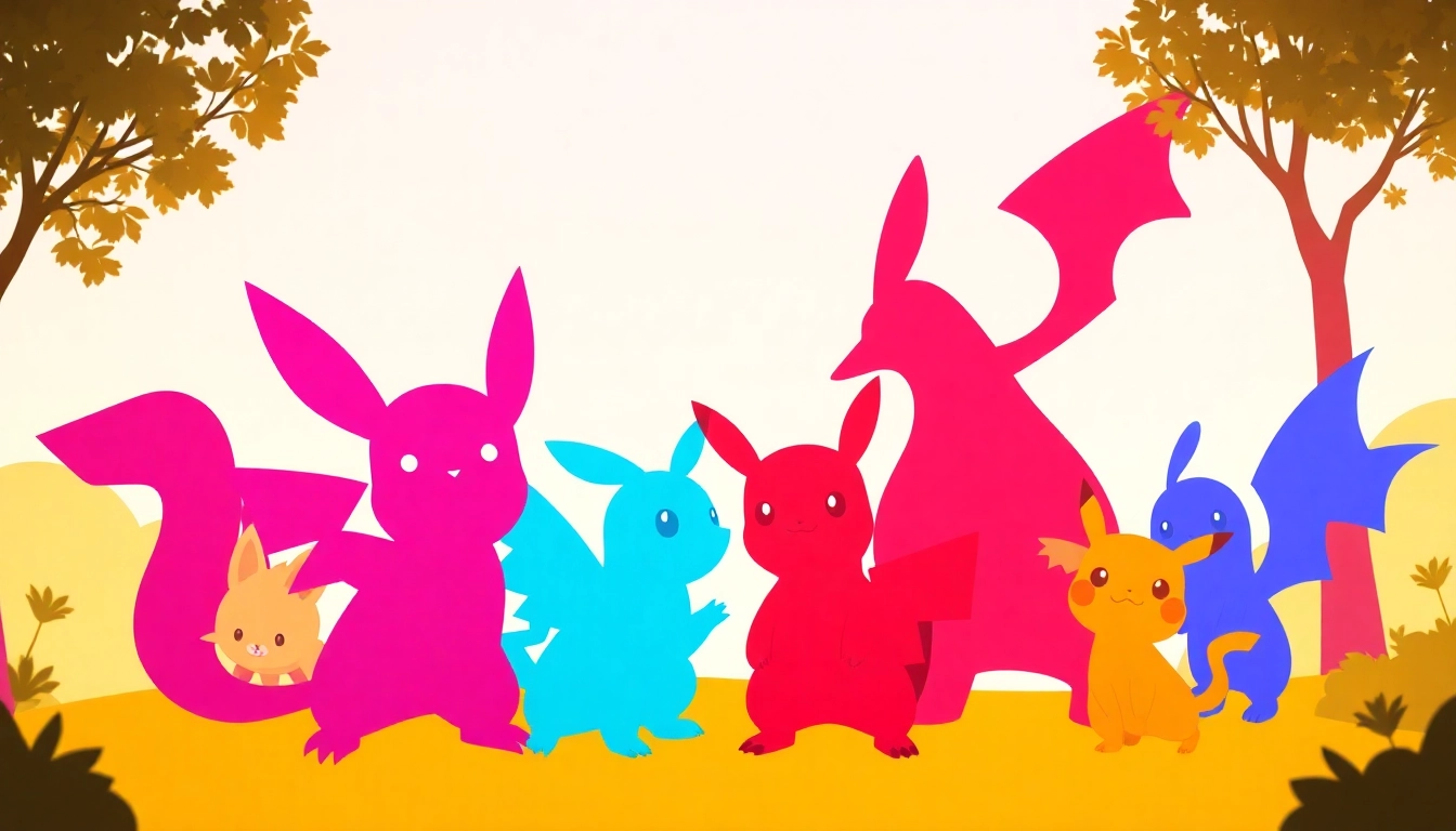 Colorful Pokémon SVG designs showcased in a playful, cheerful setting.
