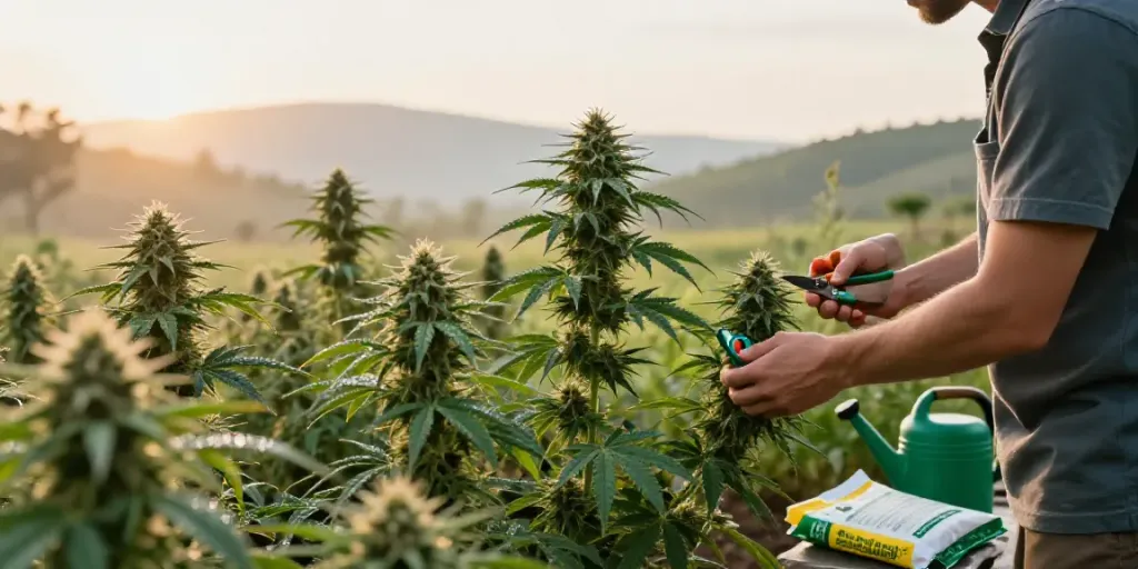 Feminisierten Cannabissamen kaufen im Garten mit blühenden Pflanzen und Werkzeugen.