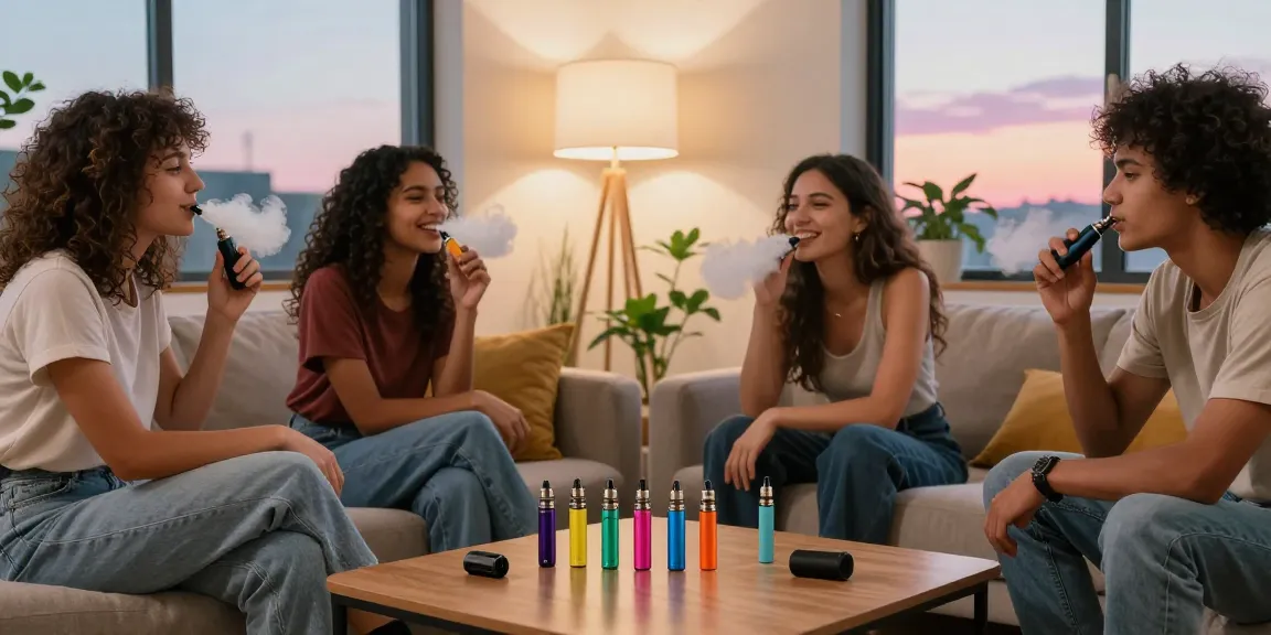Social group enjoying thc vapes for sale in a cozy living room.