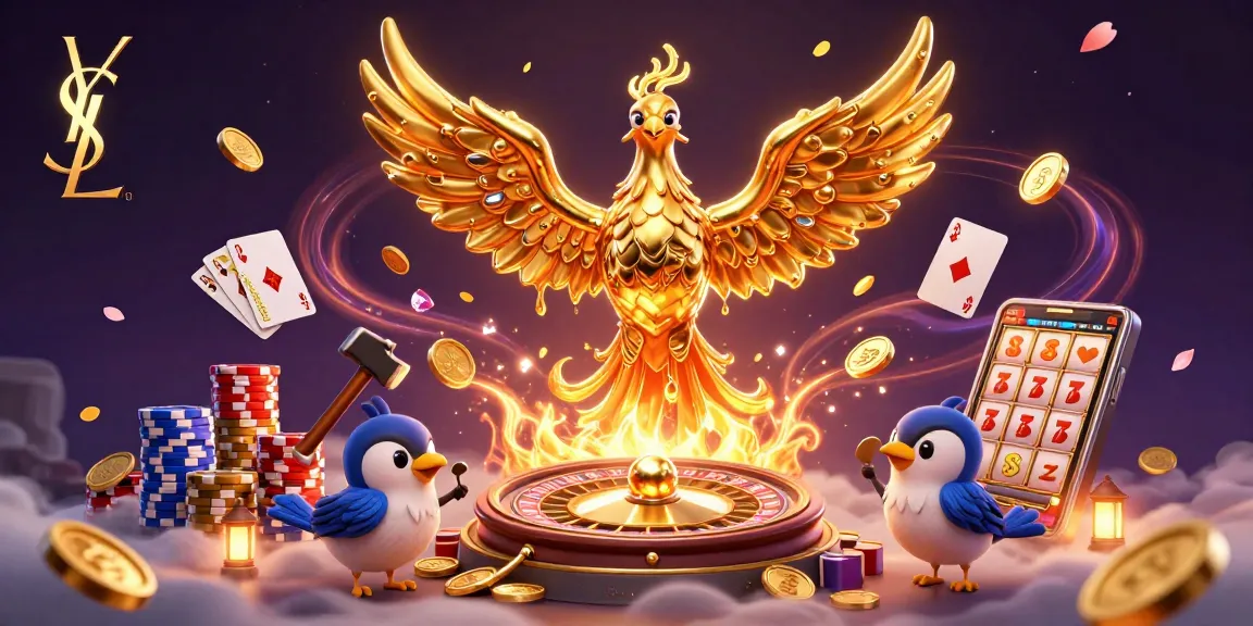 Experience the exciting ysl casino scene with golden phoenix and poker elements in 3D illustration.