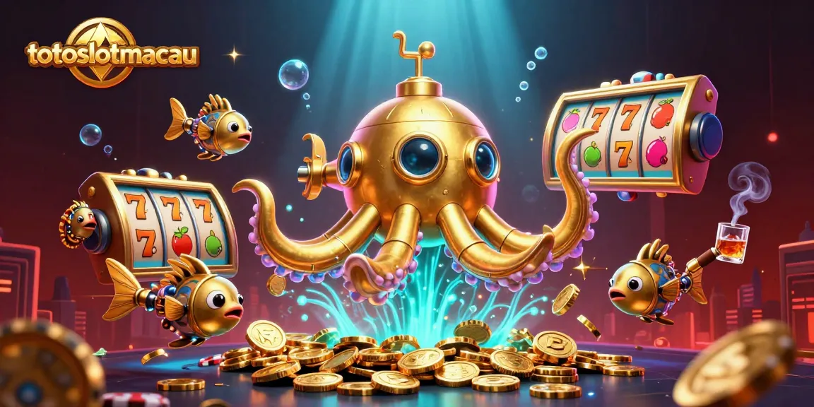 Experience thrilling wins at totoslotmacau with a vivid representation of a golden kraken submarine amidst animated slot icons and sparkling coins.