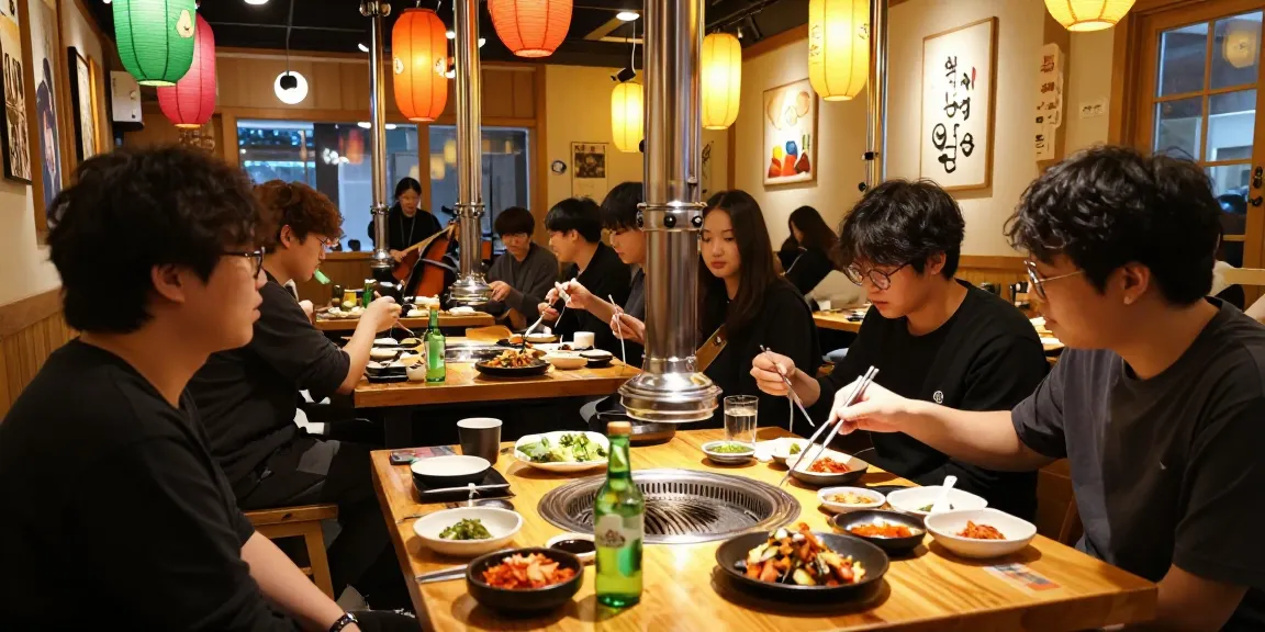 Group dining at 상봉동 한국관나이트, enjoying traditional Korean food in a lively atmosphere.