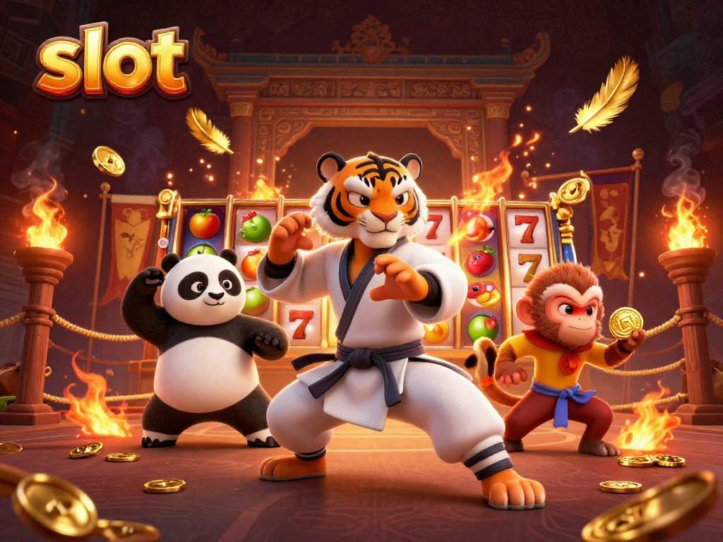Experience thrilling slot action with kung fu characters and vibrant spinning reels.