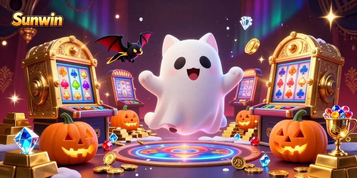 Immerse in the thrill of Sunwin's online casino with this haunted digital illustration featuring vibrant gaming elements.