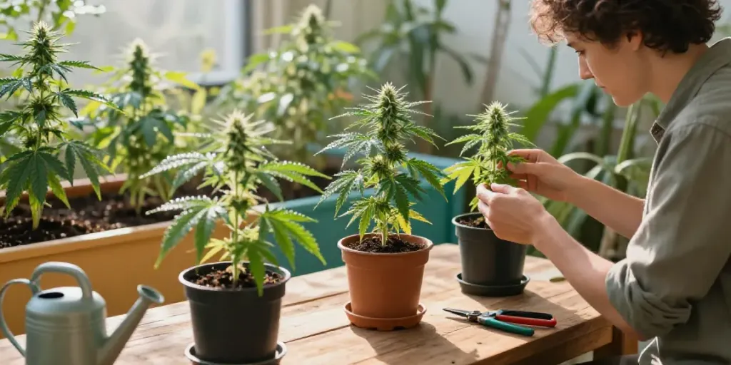 Feminisierte Cannabissamen kaufen in a bright home garden with healthy plants and tools.