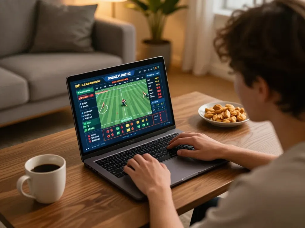 Person engaged in betting on sports with Link Alternatif displayed on laptop, cozy home ambiance.
