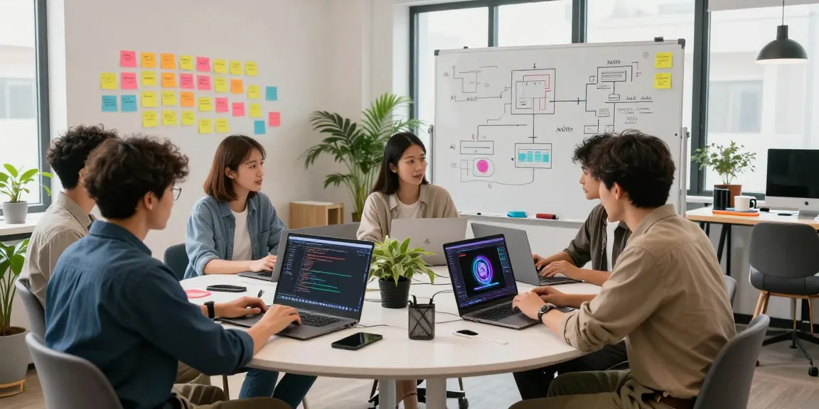 Dynamic NSFW AI platform development, showing a collaborative workspace with laptops, coding screens, and brainstorming ideas in a modern tech environment.