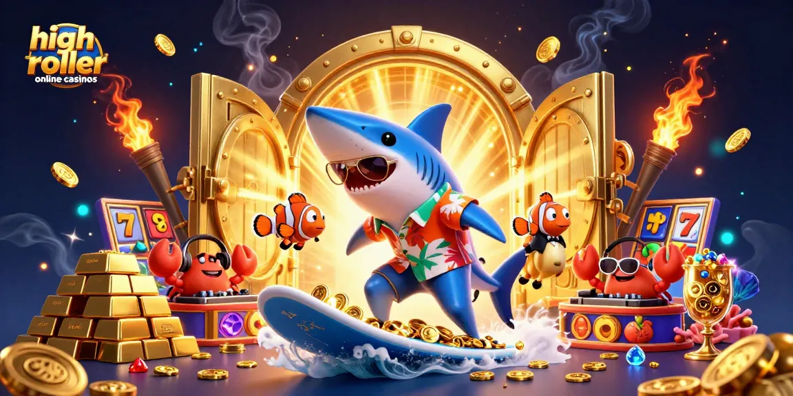 Engage with high roller online casinos through an exciting 3D vibrant scene of cartoon characters amidst gold treasures.