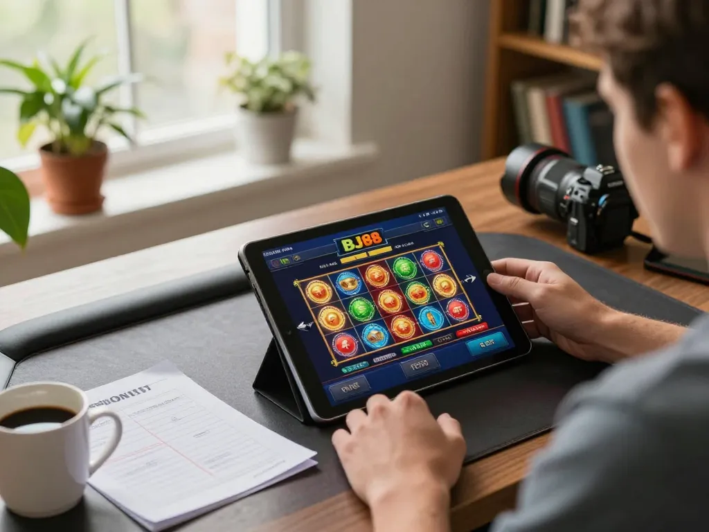 Person enjoying a relaxing gaming session on BJ88 app in a cozy home environment