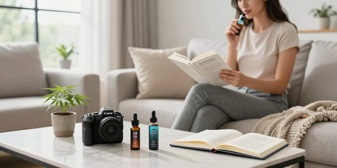 Natural wellness scene featuring a woman with geek thc vape and CBD products, promoting relaxation and healthy living.