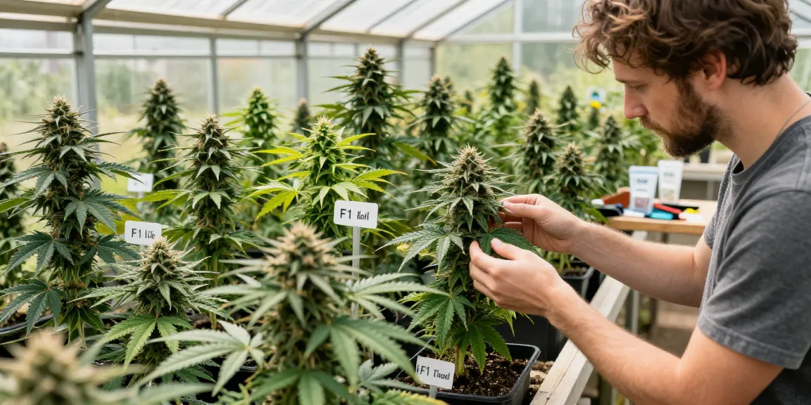 F1 triploid seeds in a thriving greenhouse environment with a gardener inspecting cannabis plants.
