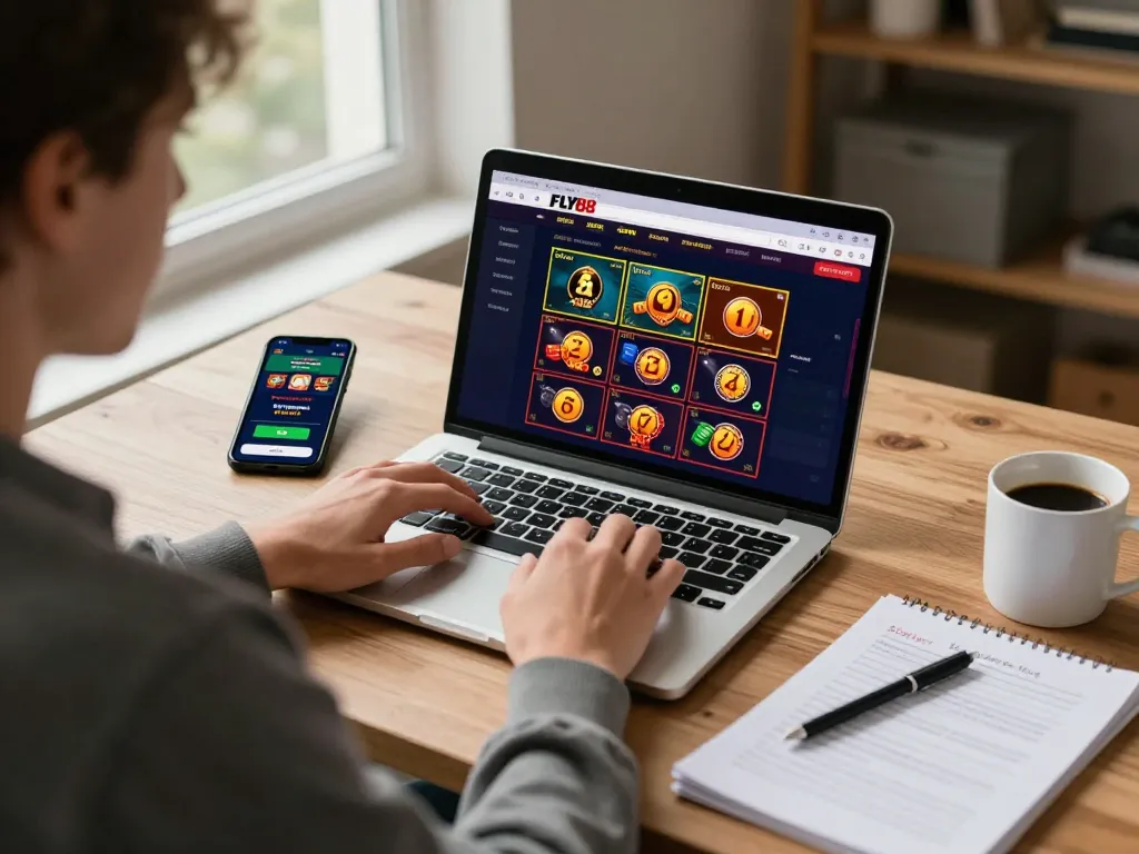 Player engaging with FLY88 online casino interface on laptop for strategic betting.