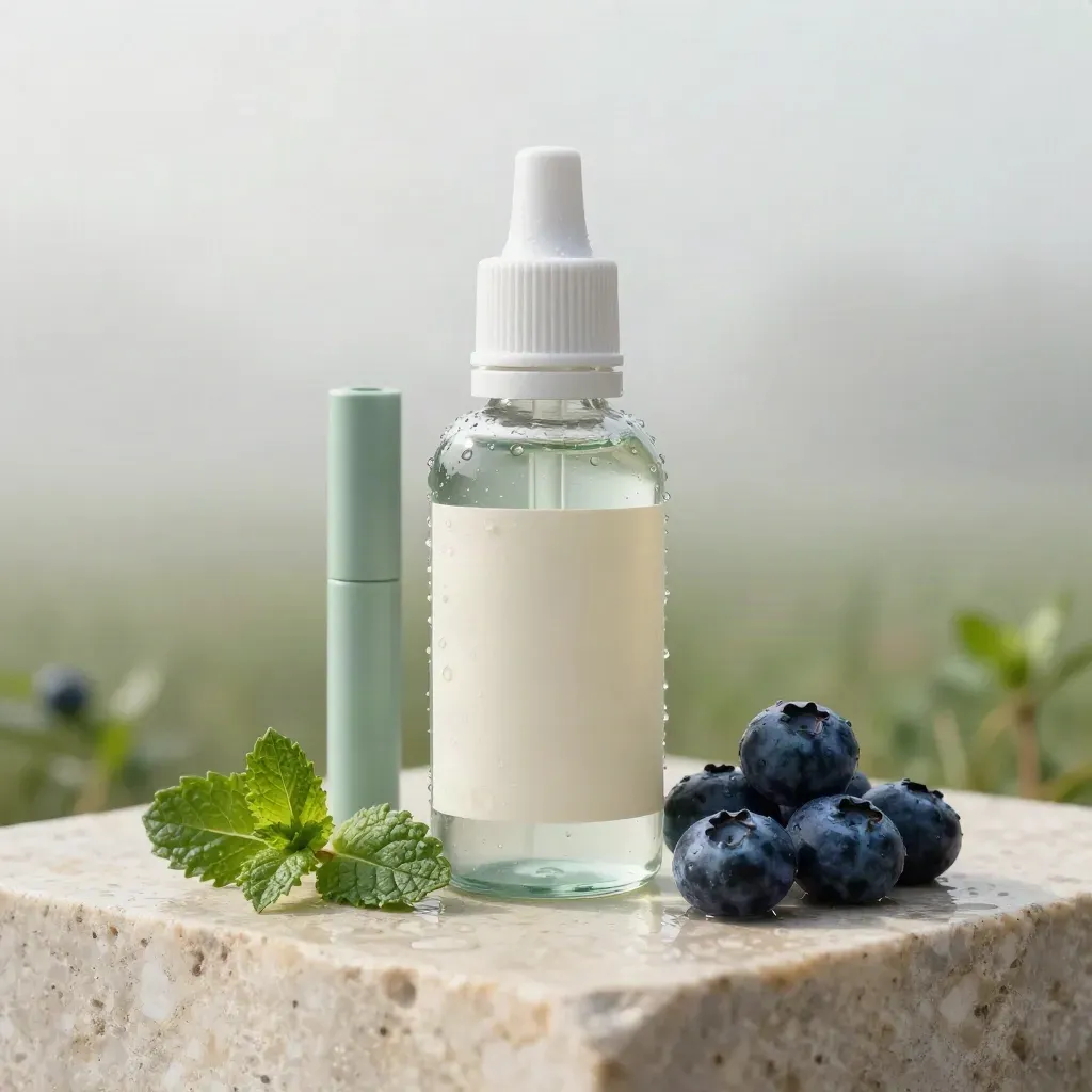 Blueberry mint CBD vape juice bottle with cartridge, pen, mint and blueberries on a misty stone plinth.