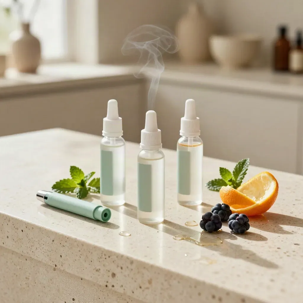 Three CBD vape bottles with citrus, mint, and a refill on a travertine counter