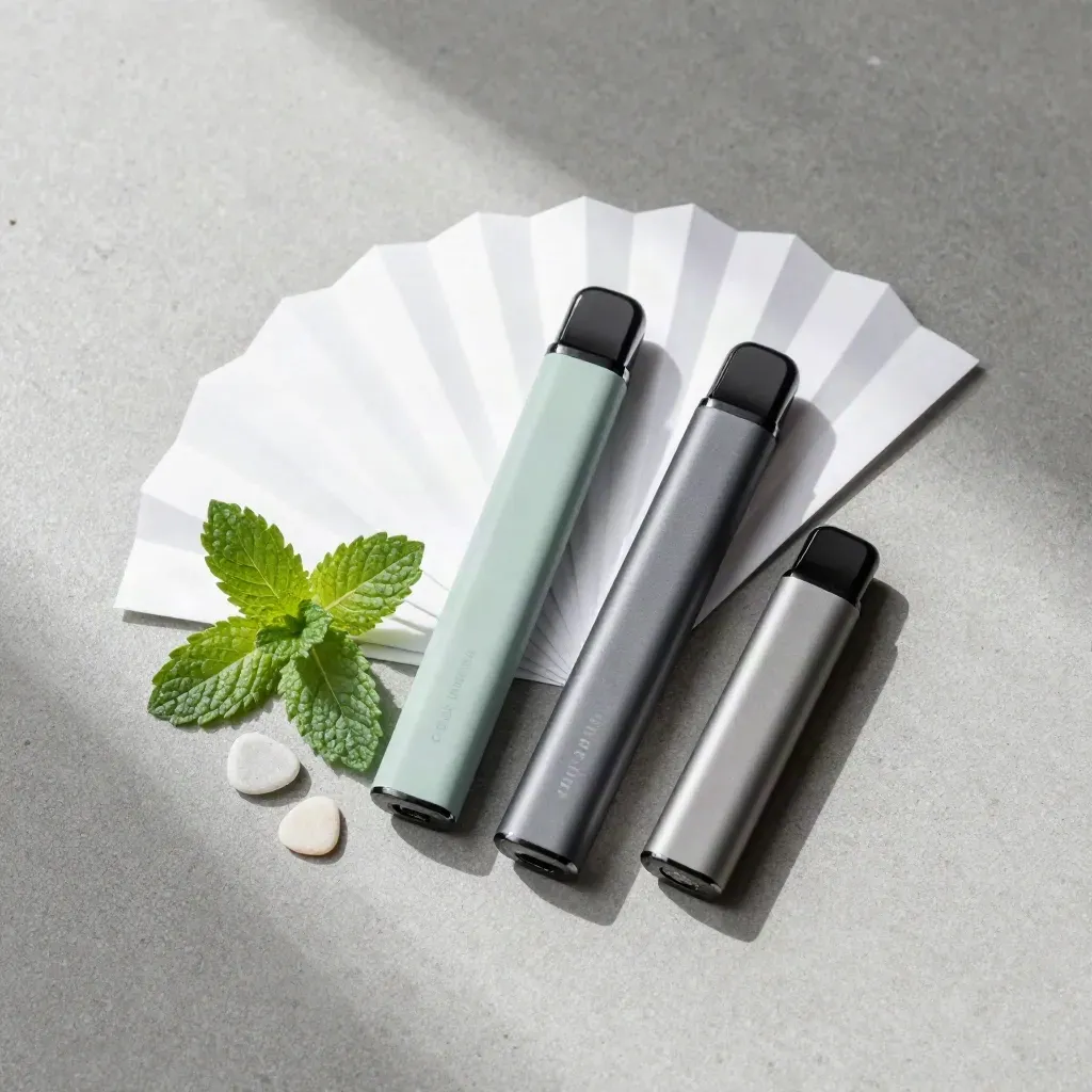 Top-down flat lay of two unbranded mint disposable vapes with mint leaves and stone chips.