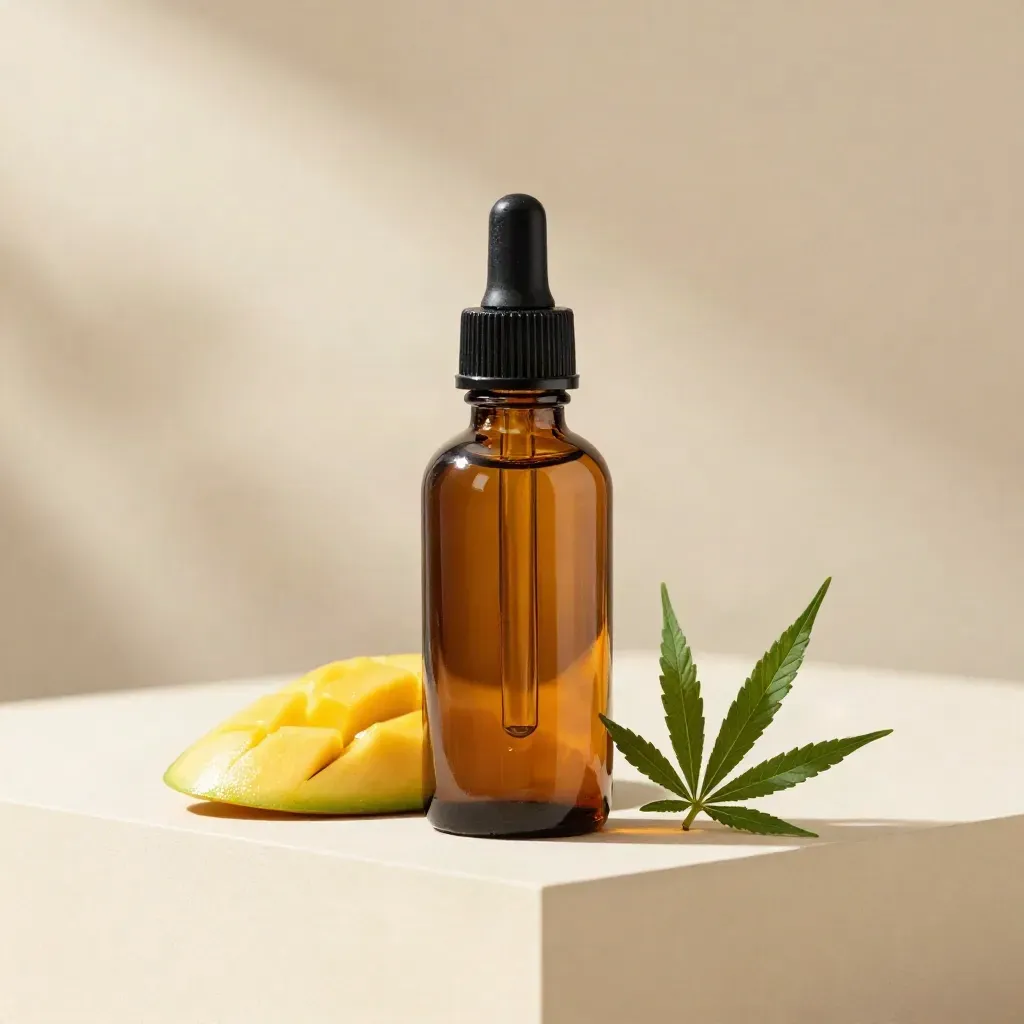Mango hemp vape juice bottle with mango slice, refill tip and hemp sprig on a beige plinth.