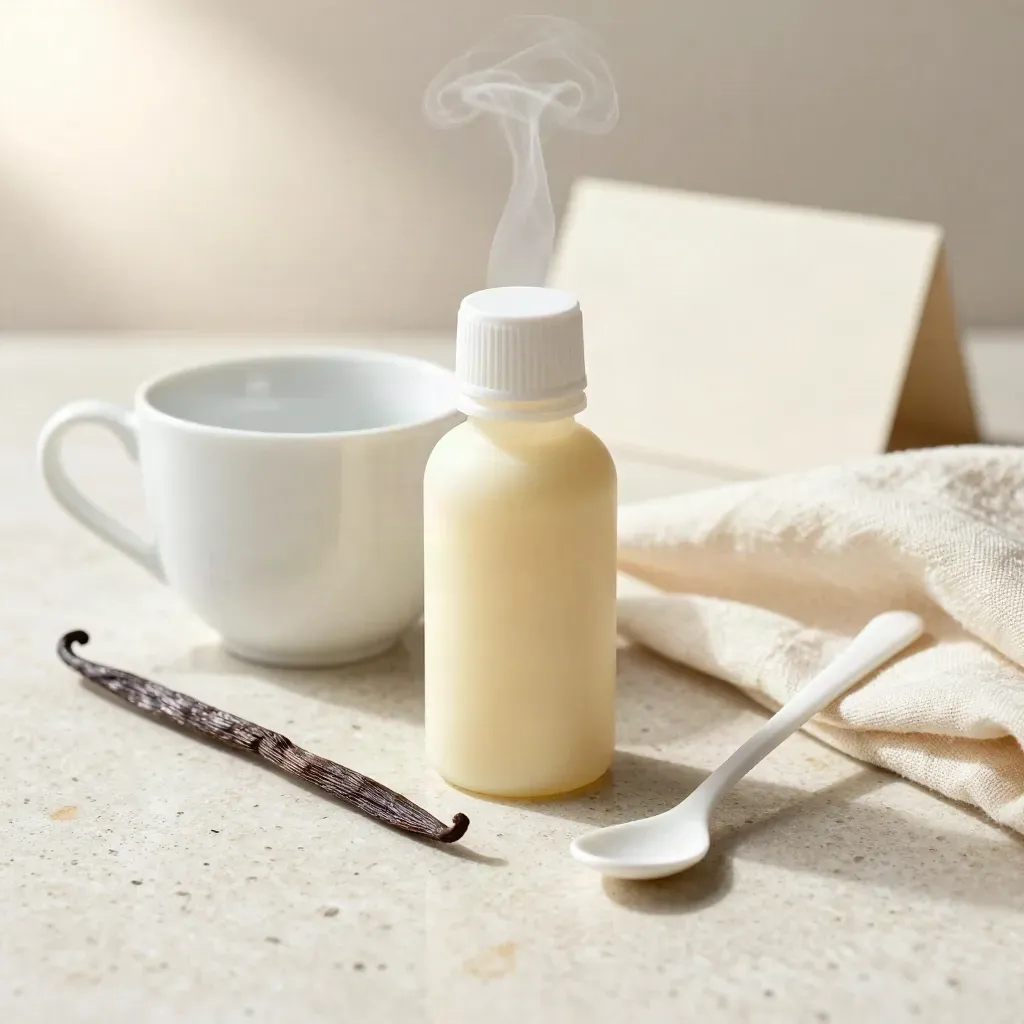 Vanilla custard CBD bottle with cup, vanilla pod, linen cloth and steam on pale travertine.