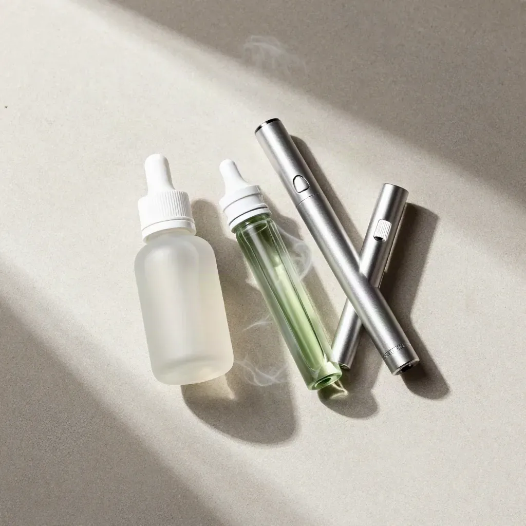 Overhead CBD starter bundle with bottle, vape pen and refill cart on pale concrete.