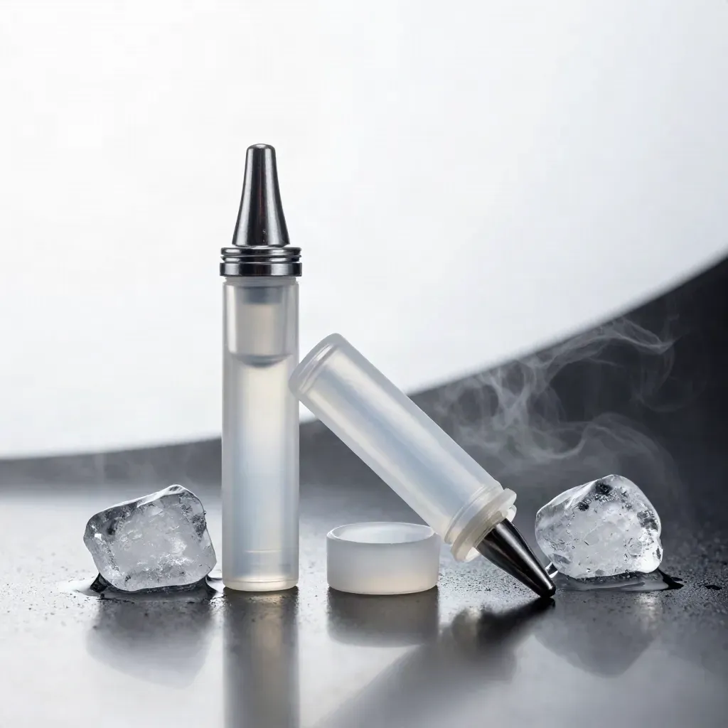 Unbranded grape chill cartridge refill with ice chips and frosted crystals on a bright field.