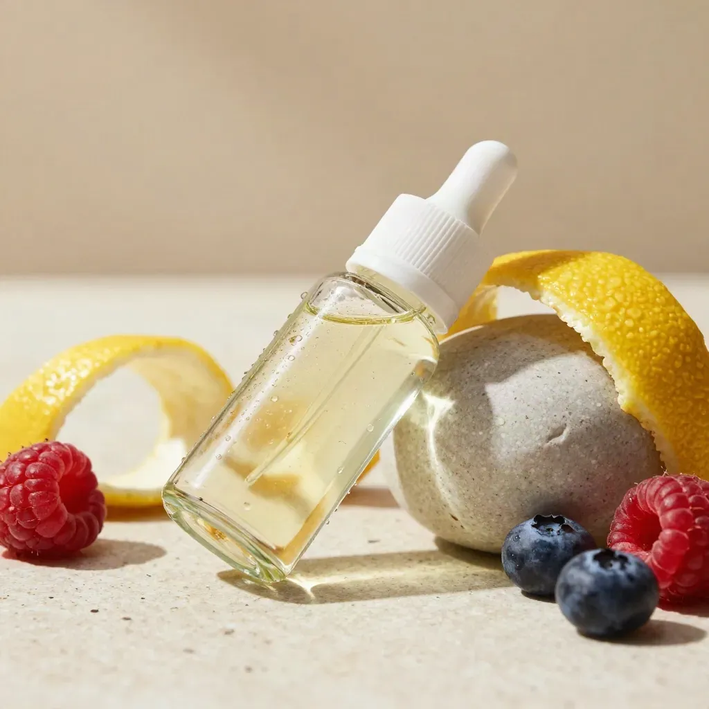 Beaded vape juice bottle leaning on stone with lemon peel curls and berries in raking daylight.