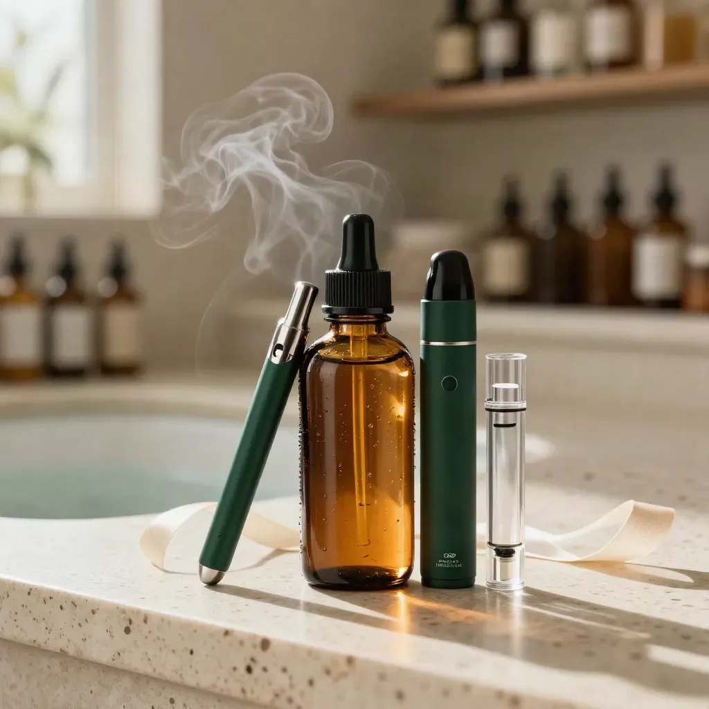 CBD vape starter bundle trio on travertine with vapor and soft daylight